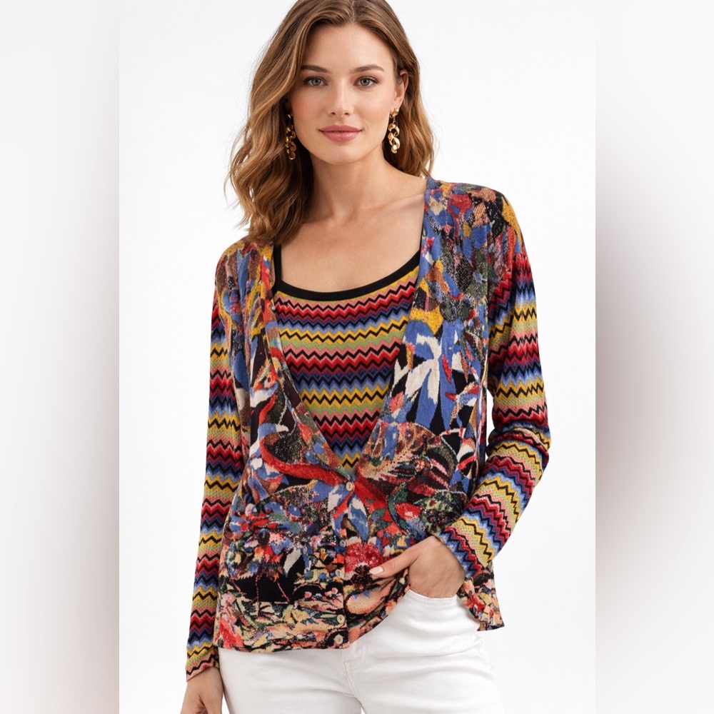 Vintage Alberto Makali 2 Pc Sweater Set Multicolor Tropical Bird Print ArtsySz L